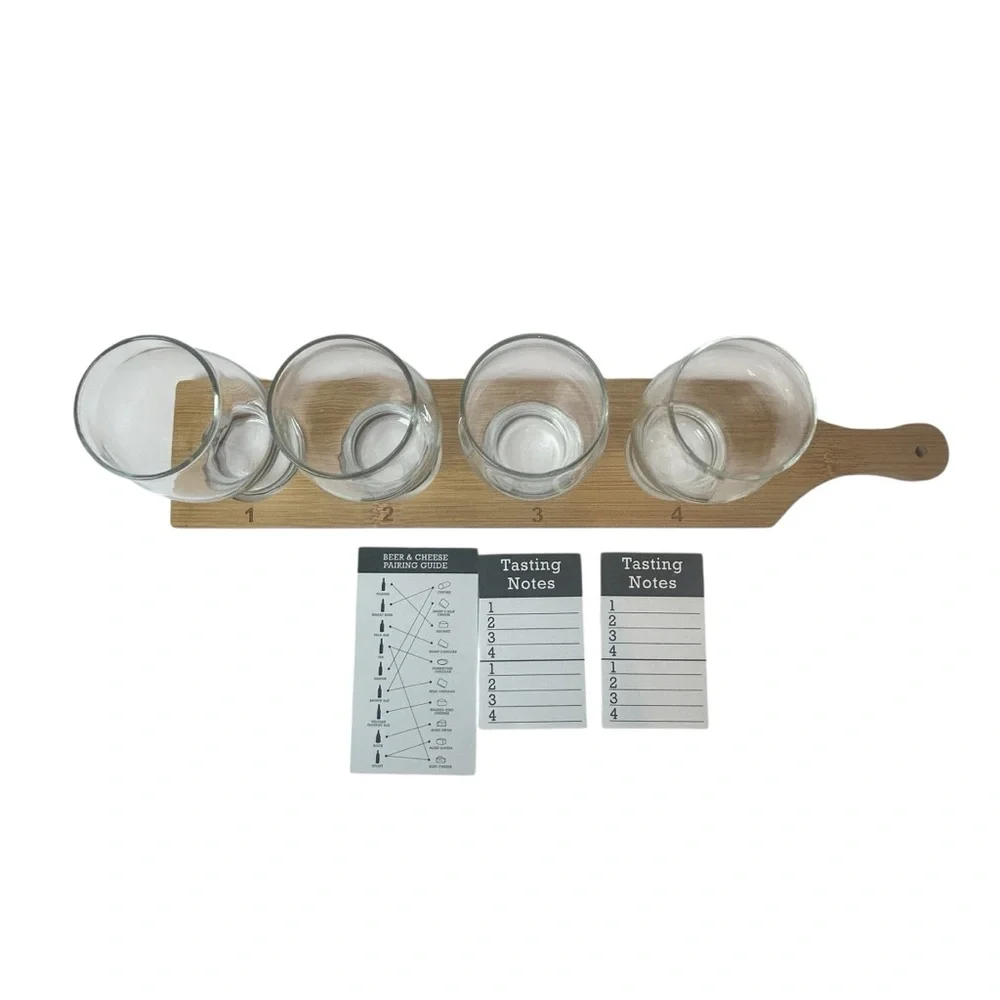 Beer Tasting Paddle Set with Glasses – Lightweight Wood Tray, Cheese Pair
